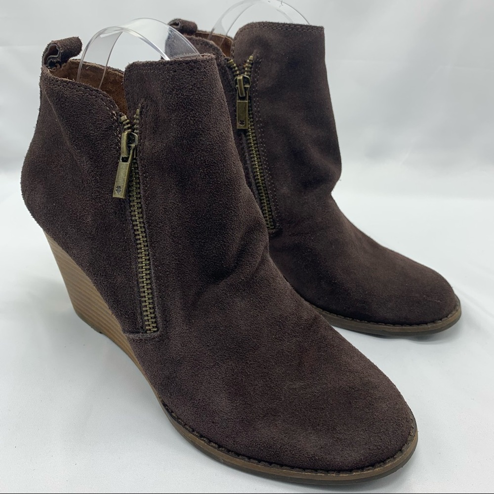 Lucky Brand Brown Suede Yarta Wedge Bootie with Double Side Zippers Size 9M